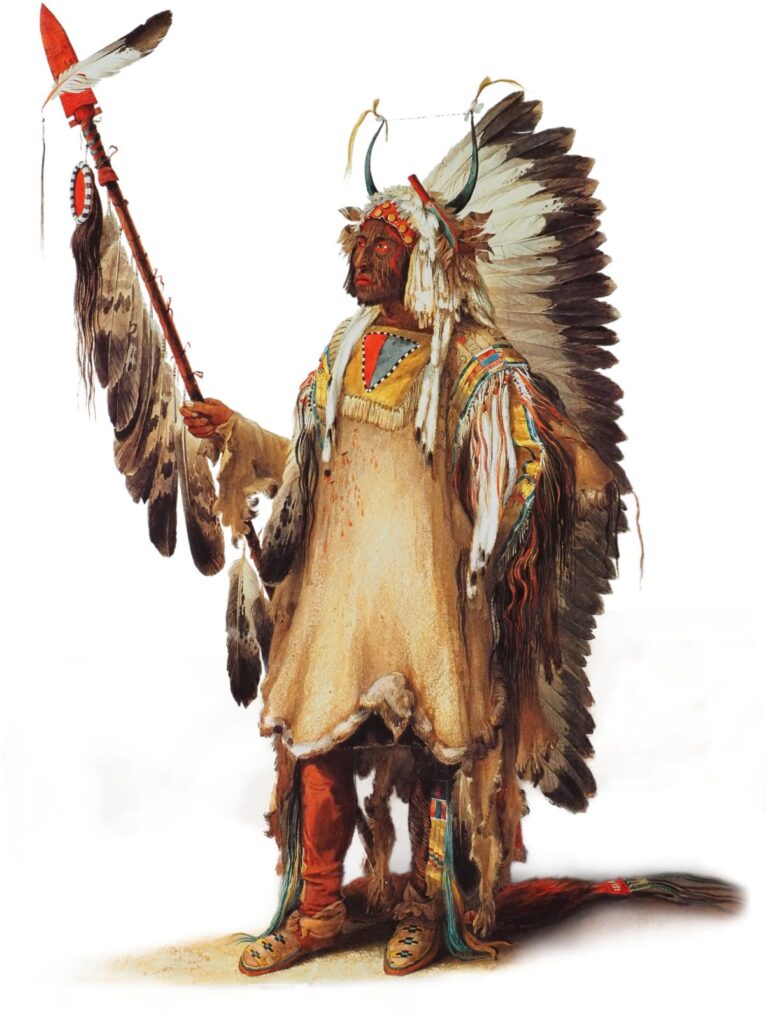 The famous Mandan chief Mato tope in a painting by Karl Bodmer. He is wearing a splendid war shirt made of two bighorn sheep hides and decorated by quillwork, beadwork, scalps locks and ermine furs.