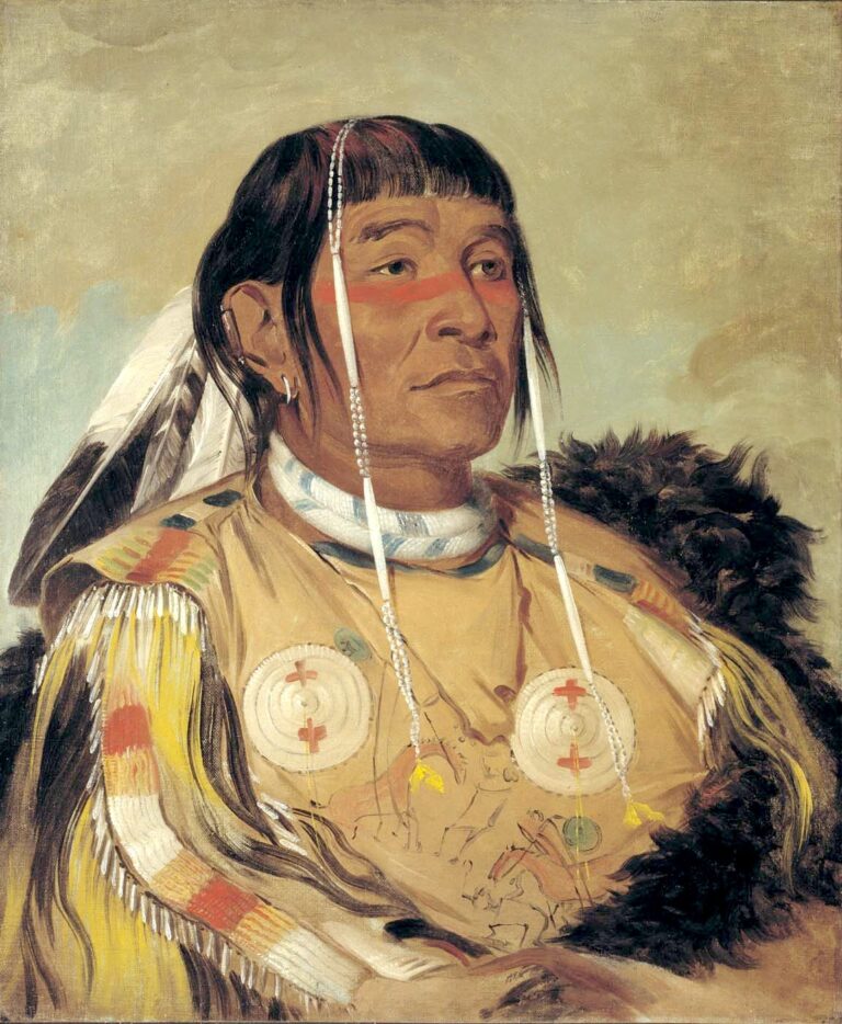 The Plains Ojibwa chief The Six painted by George Catlin. He wears a quilled war shirt with battle scene pictographs depicting his war deeds.