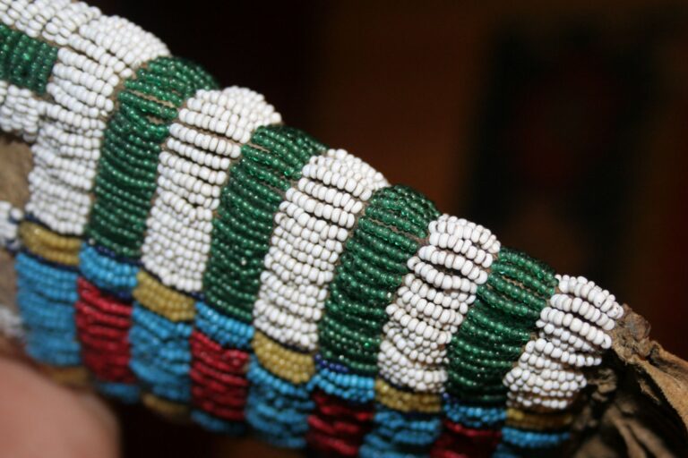 Detail of a Cheyenne pipe bag from the 1860s. A beautiful example of old beads, in this case seed beads. Note the irregular shape of the white beads.