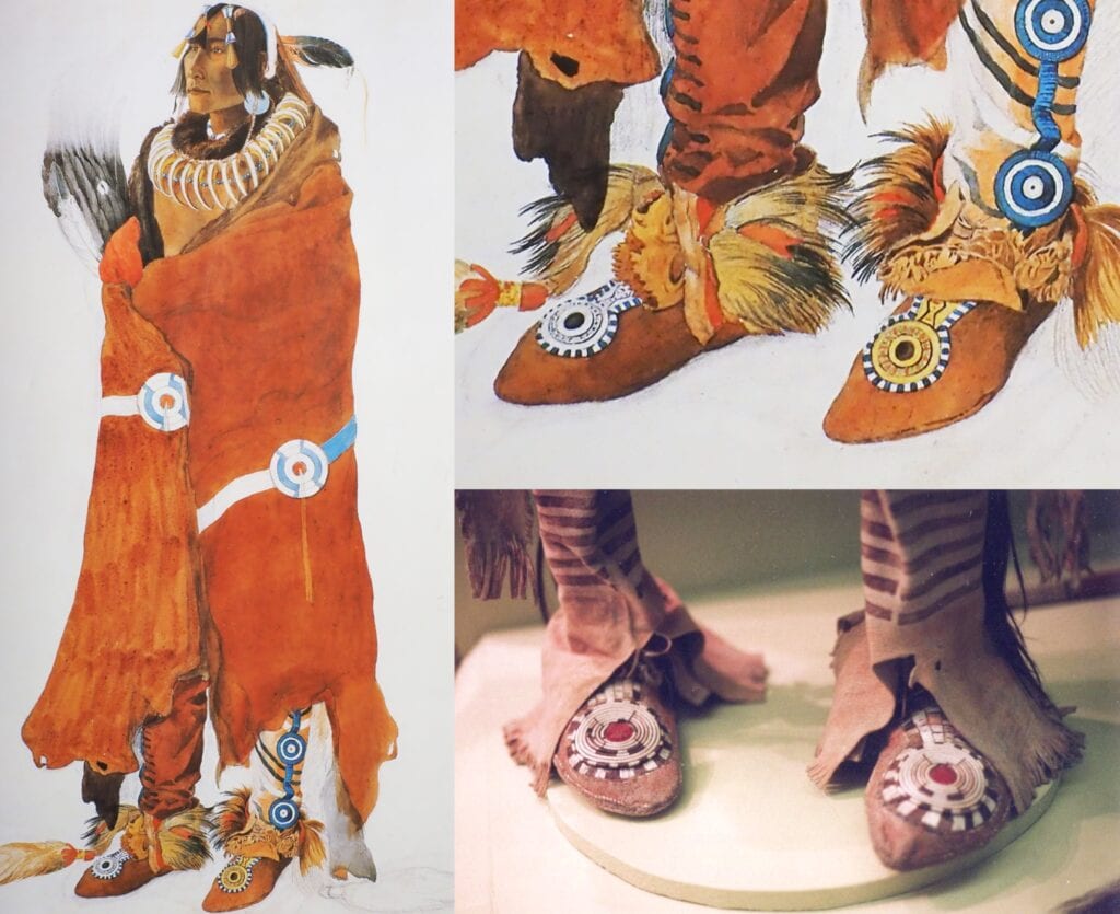 Flying War Eagle, a Mandan warrior in a painting by Carl Bodmer. He wears a pair of quilled side seam moccasins with a keyhole design. A similar pair of moccasins belonged to the famous Mandan chief Mato Tope. They were collected by Prinz Maxmillian zu Wied and are now in the possession of Linden Museum Stuttgart.