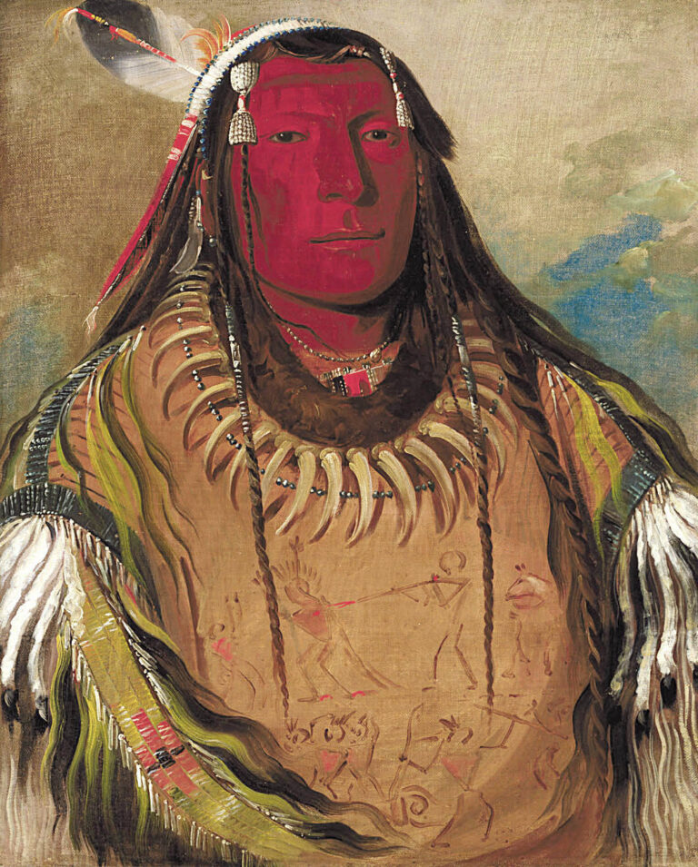 The Hidatsa chief Two crows painted by George Catlin in 1832. He wears a splendid war shirt, decorated with quillwork, beadwork, scalps locks, dyed horse hair and ermine pelts. The pictograms depict his war deeds. Only distinguished warriors were allowed to wear such garment.
