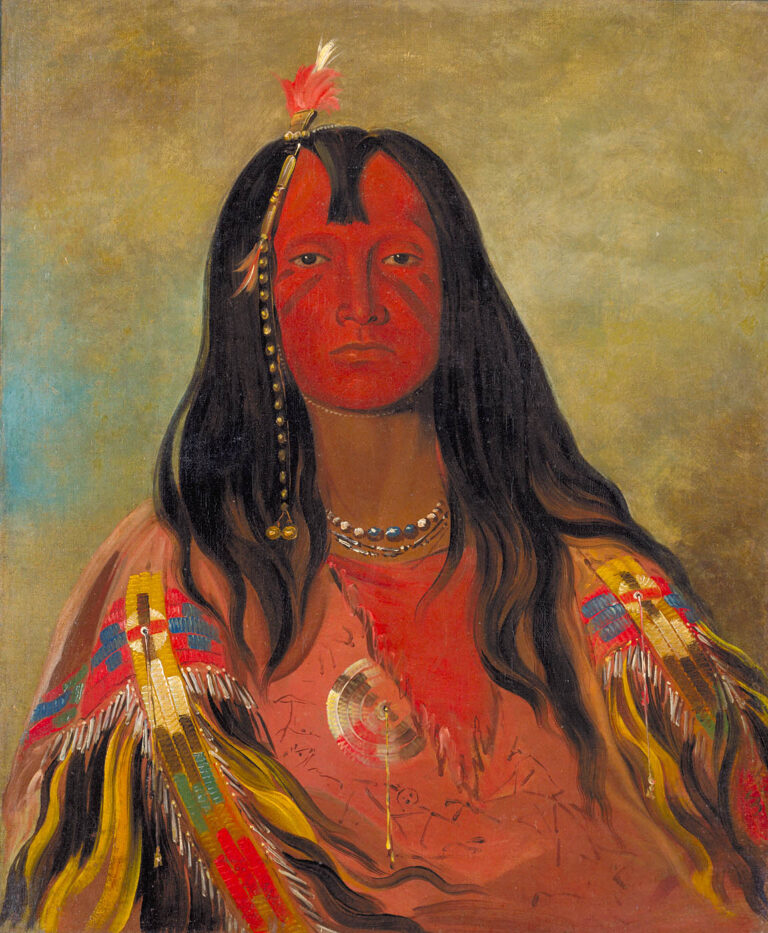 The Nez Perce warrior "No horns on his head" with beautifuly red painted war shirt with pictograms. Painting by Georg Catlin.