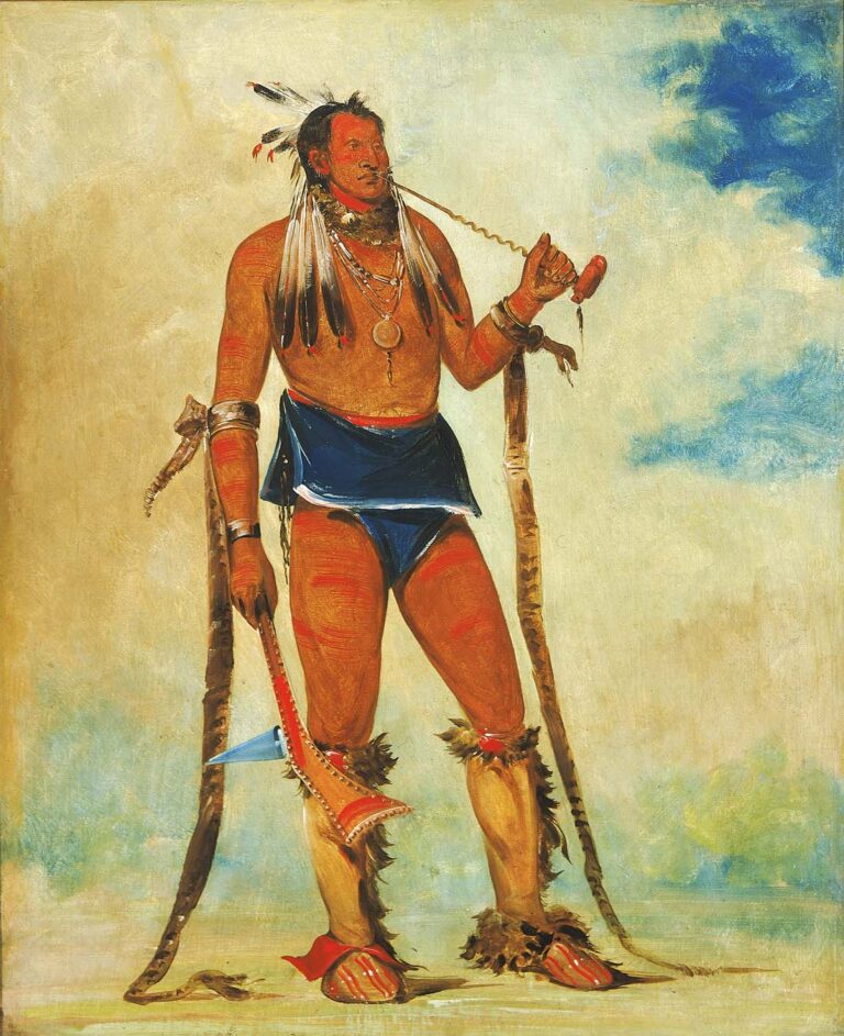 A warrior in a painting by George Catlin. His breechcloth is made of blue saved list cloth.