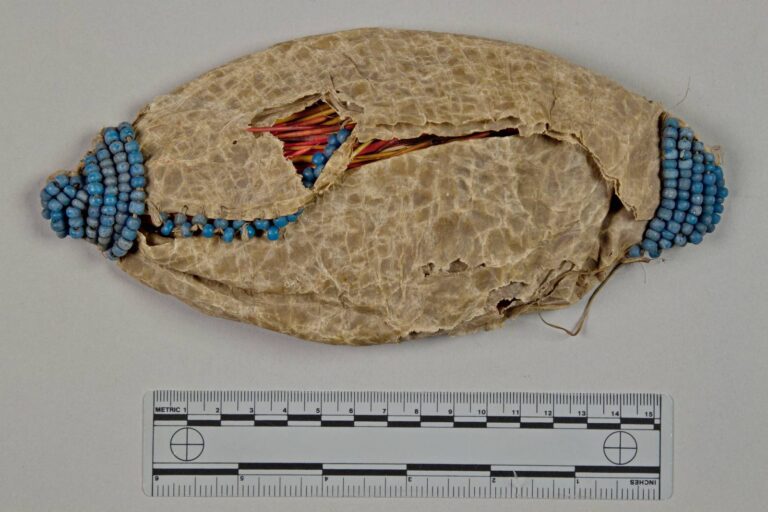 A bag made from a bison bladder used for storing porcupine quills. It is decorated with beads. NMNH.