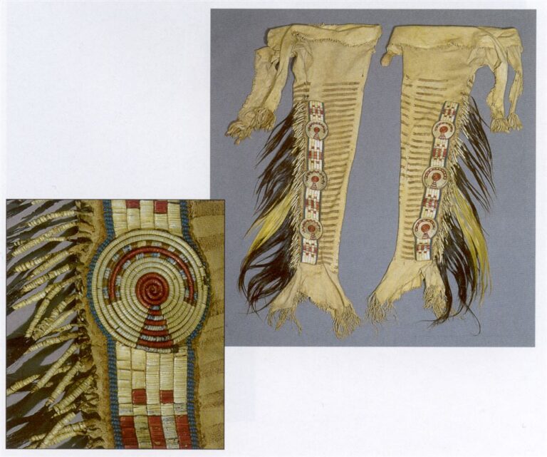 Bottom tab leggings from the Upper Missouri region. The strip is decorated with quillwork, a combination of rosettes and rectangular panels. The rosettes are embroidered in the QWHH technique, while the rectangles are embroidered in another quillwork technique. The whole strips are then lined with pony beads.