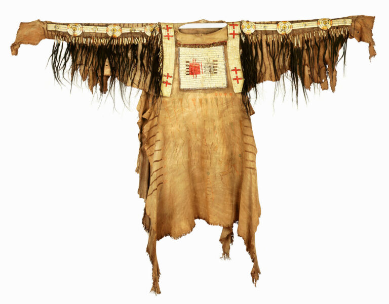 A Blackfoot war shirt. All decorative elements are embroidered with porcupine quills.