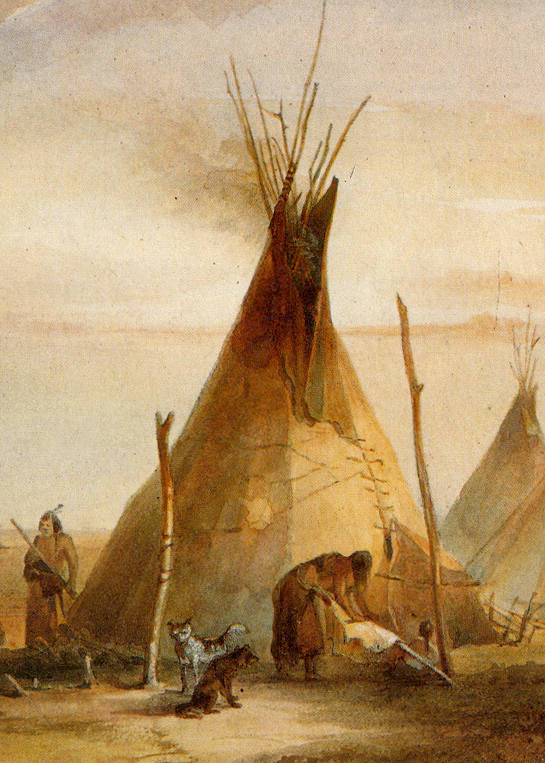 Scraping hide on a beam. Painting by Karl Bodmer.